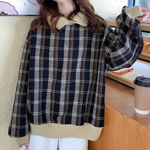 Oversized Winter Sweater Women Plaid Korean Fashion Long Sleeve Tops Loose Stitching Pullovers Student Jumper Pull Femme