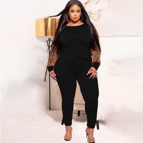 RMSFE 2021 Women Long Sleeve Round Neck Leopard Print Sexy Contrast Color Fashion Casual Large Two-Piece Set