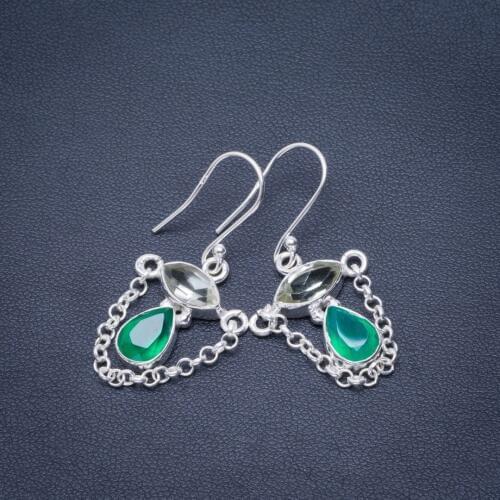 Natural Chrysoprase and Green Amethyst Handmade Unique 925 Sterling Silver Earrings 1.5" B2714
