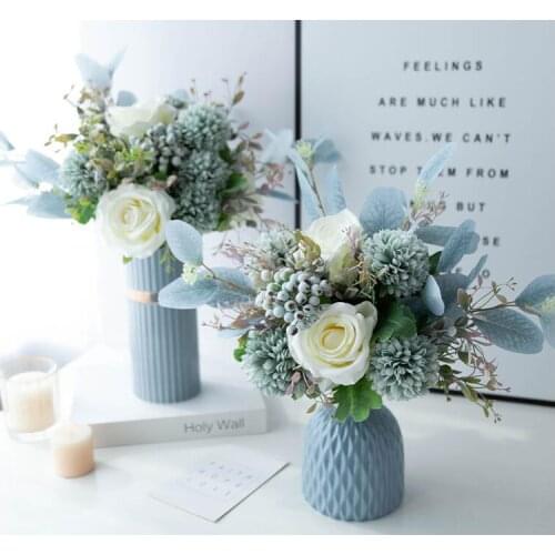 Nordic Luxury Morandi Elegant Floral Set Rose Berry Flower Ceramic Vase Ornaments Home Livingroom Coffee Table Decoration Craft