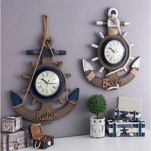 MEDITERRANEAN RETRO ANCHOR CLOCK BEACH SEA THEME NAUTICAL SHIP WHEEL RUDDER STEERING WHEEL DECOR WALL HANGING DECORATION