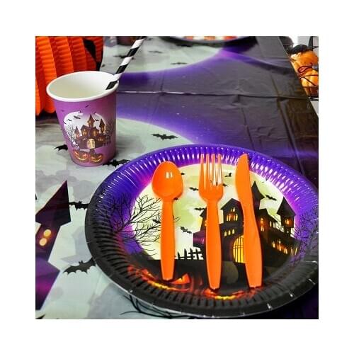 Halloween Party Decoration Supplies Disposable Tableware Castle Paper Plate Cup Tablecloth Set Halloween Decor For Home Party