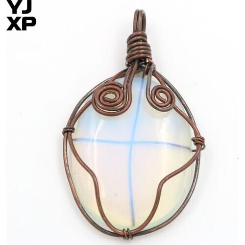 YJXP Copper Plated Wire Wrap Opalite Opal Oval Shape Pendant Trendy Jewelry