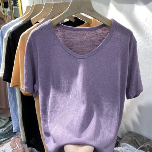Solid Purple Cotton Linen Women T-Shirts Summer New Design 2021 V-Neck Loose Casual All Match Female Pulls Outwear Tops Tees