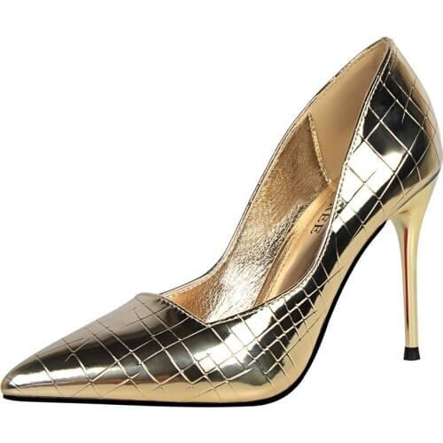 Women Shoes High Heels PU Leather Dress Pumps Ladies Retro Pointed Toe Elegant Work Party Golden Pumps Shoes Womens Plus Size 43