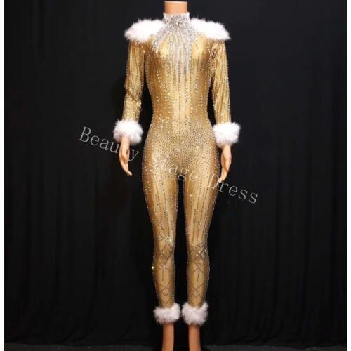 Long Sleeves Rhinestones Gold Stretch Jumpsuit Women Jazz Dance Feather Bodysuit Outfit Evening Show One-piece Birthday Wear DS