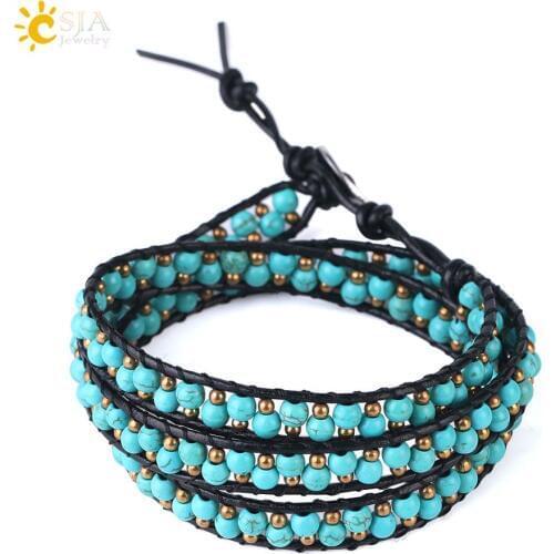 CSJA Women Leather Braided Bracelets Turquoises Stone Beads Three Wrap Bracelet Handmade Bohemia Jewellery Christmas Gift S118