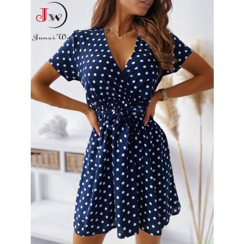 Short Sleeve Polka Dot Summer Dress Women V Neck Sexy Split A-Line Mini Party Dress Vestidos Casual Bohemian Beach Short Dress