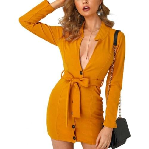Ladies Bodycon Dress Sexy Solid Color Deep V Women Long Sleeve Button Belt Dress Streetwear robe femme платье летнее женское2021