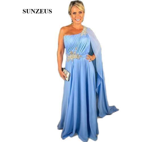 Blue Chiffon Women Formal Dress with Beaded One Shoulder African Mother of the Bride Dresses Pleats vestido de madrinha SMD87
