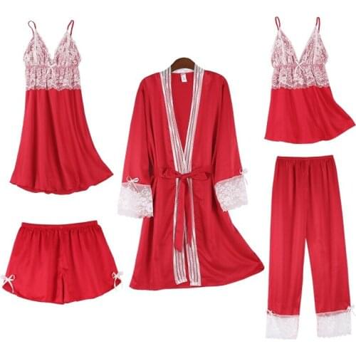 2020 Summer 5PCS Silk Satin Sexy Lace Lingerie Nightgowns Robes Sets for Women Bathrobes Sleepwear Nightdress Night Dress Nighty