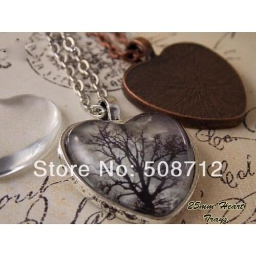30sets Complete Kits- 25mm Heart Pendant Tray Kits- Bezel Tray Setting - Rolo or Ball Chain Necklace - Clear Glass Cabochon
