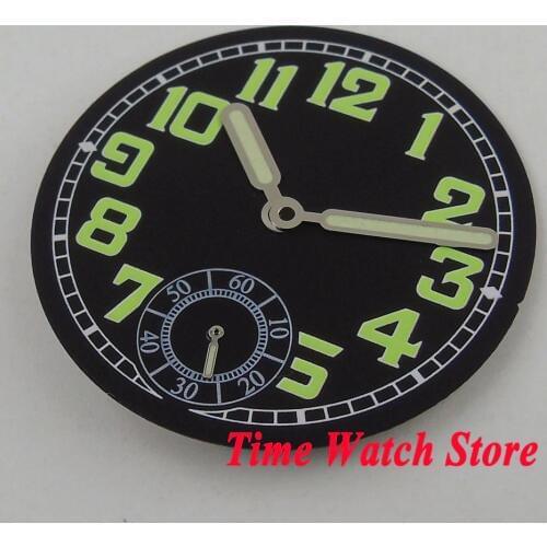 35mm black sterial dial green numbers fit ETA 6498 hand winding movement ( Dial+hands) D110
