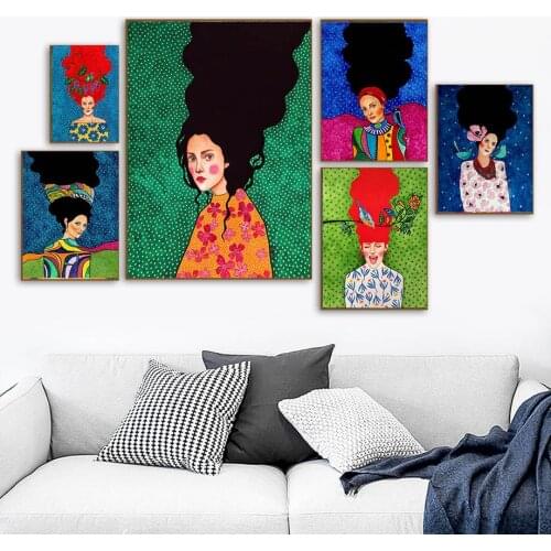 Abstract Colorful Girl Hair Flower Bird Oil Painting on Canvas Posters and Prints Wall Picture Art for Living Room Decor Cuadros