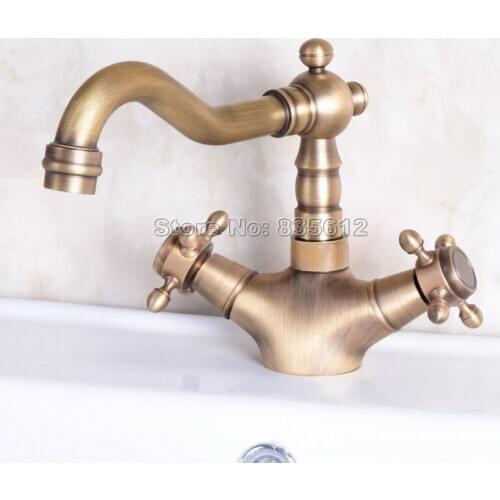 Antique Brass Deck Mounted Vessel Sink Faucet Dual Cross Handles Bathroom Basin Sink Mixer Taps Swivel Spout Wnf245