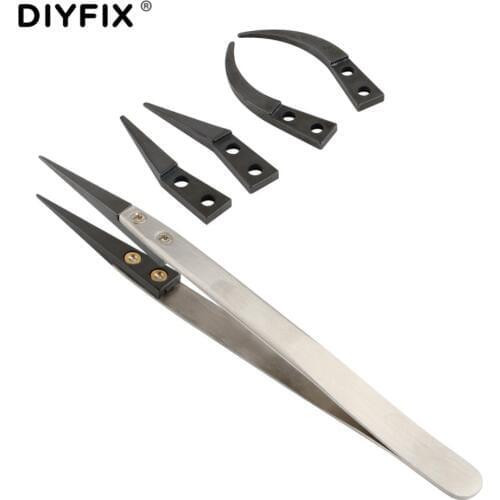 DIYFIX Anti-static E-Cigarette Ceramic Tweezers with Curved & Straight Tips ESD Forceps for Phone Repair BGA Work DIY Tools Kit
