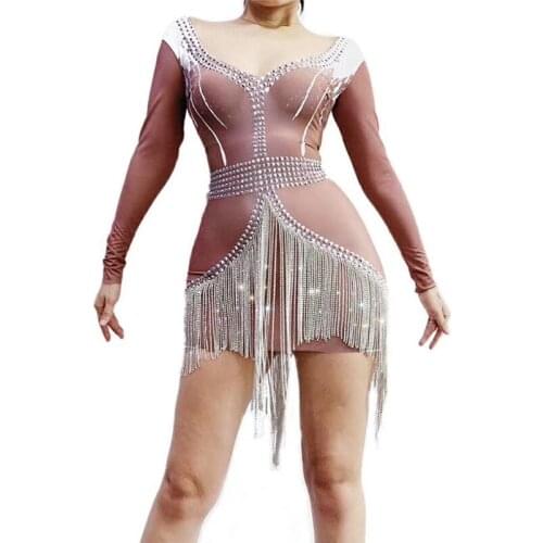 Sparkly Crystals Fringed Dress Long Sleeves Rhinestones Stretch Dresses Birthday Celebrate Evening Party Stage Costumes DT1745