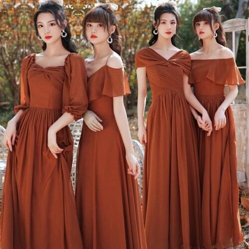 Bridesmaids Dresses Short V-Neck Spaghetti Straps Floor-Length A-Line Vintage Luxury Brown Elegant Women Wedding Party Gown E556