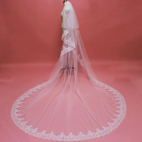 Real Photo 2 Layers Sparkling Sequined Lace Long Wedding Veil with Comb White Ivory Cathedral Bridal Veil Voile de Mariee