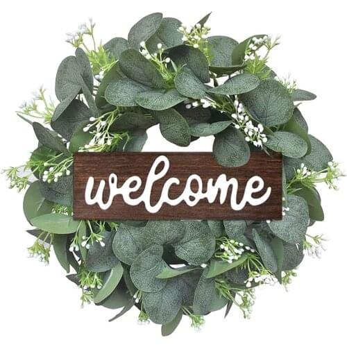 Artificial Eucalyptus Wreath 11Inch Welcome Wreath With Wooden Sign And Eucalyptus Leaves For Front Door Decoration-ABUX
