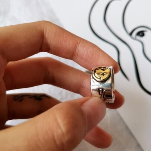 Punk Ancient Silver Color Lightning Smile Face Open Ring For Women Simple Design Cute Happy Smiley Faces Adjustable Rings A909