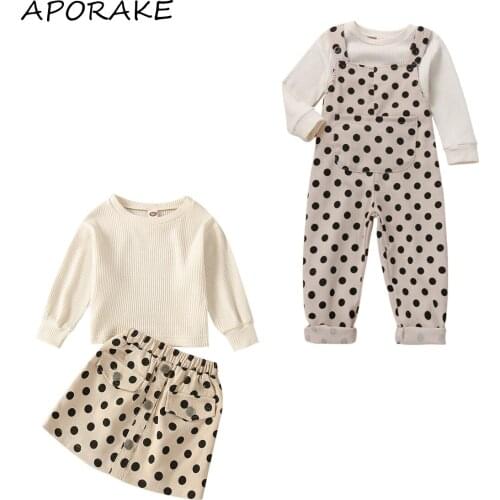 2021 0-5Y Fashion Toddler Girl Clothes Spring Autumn Knitted Solid Long Sleeve Top+Dot Button A-line Skirt/Pocket Overalls Pants