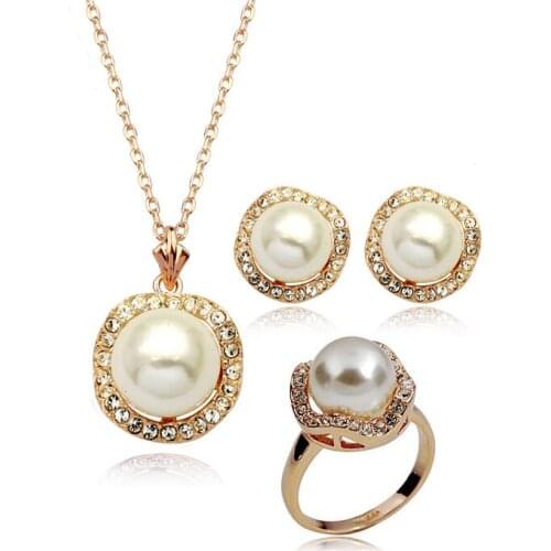 MOONROCY Imitation Pearl Crystal Necklace Earrings and Ring Jewelry Set Rose Gold Color for women Dropshipping Party Wholesale