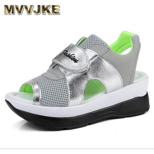 MVVJKE Summer Womens Sandals Casual Mesh+Microfiber Breathable Shoes Woman Comfortable Wedges Lace Platform Sandalias