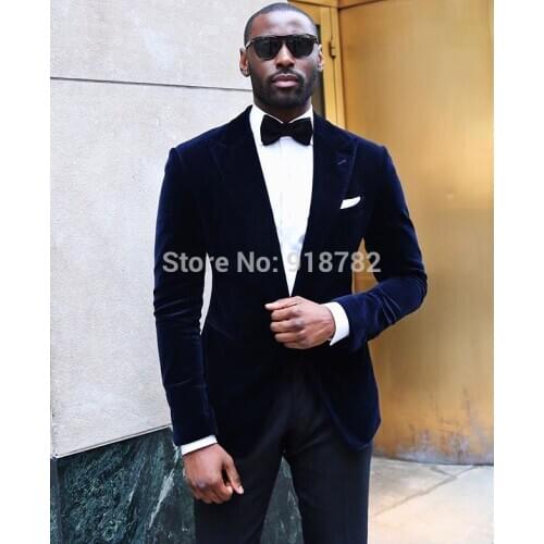 Latest Coat Pant Designs 2018 Brand Navy Blue Velvet Suit Men Slim Fit Smoking Tuxedo Wedding Groom Suit Prom Party Suit Dress
