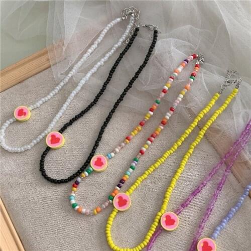 New Handmade Candy Diy Rice Bead Necklace Heart Pendan Girl Choker Clavicular Chain Colorful Female Beach Party Jewelry Gifts