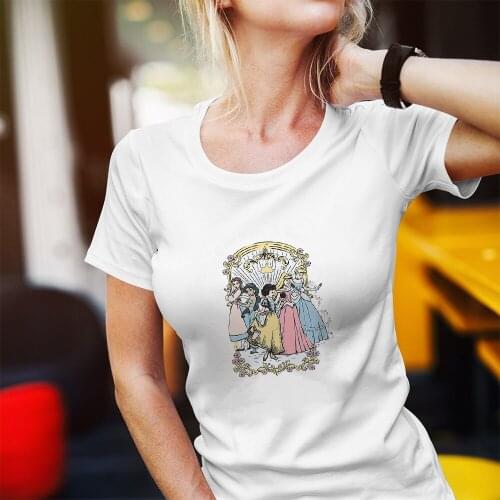Disney Summer New Products Women T-shirts Cartoon Printing Princesses Color T Shirts Female Outdoor Round Neck Short Sleeve Cute
