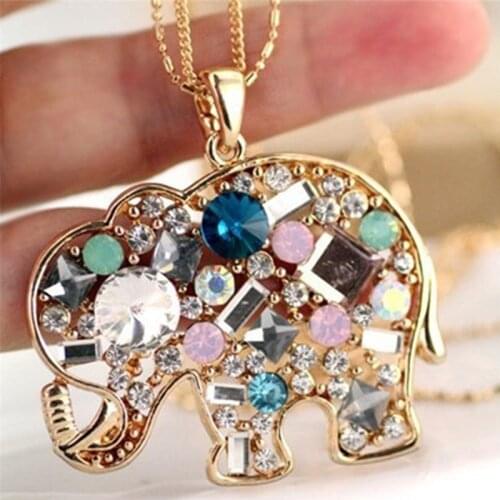 Multicolor Rhinestone Elephant Necklace Long Chain Party Jewelry Sweater Decor Stainless Steel Jewelry Woman Necklace Woman