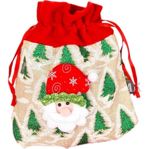 Christmas Candy Bag Cartoon Linen Decorative Xmas Drawstring Bag Treat Pouch