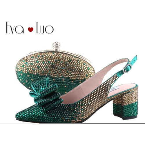 BS1154 Custom Made Green Gold Crystal Pointed toe Shoes with Matching Bags Set Slingbacks Block Heel Women Bridal wedding Shoes