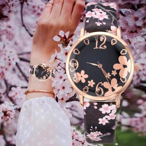 Creative Floral Round Dial Analog Faux Leather Band Women Quartz Wrist Watch