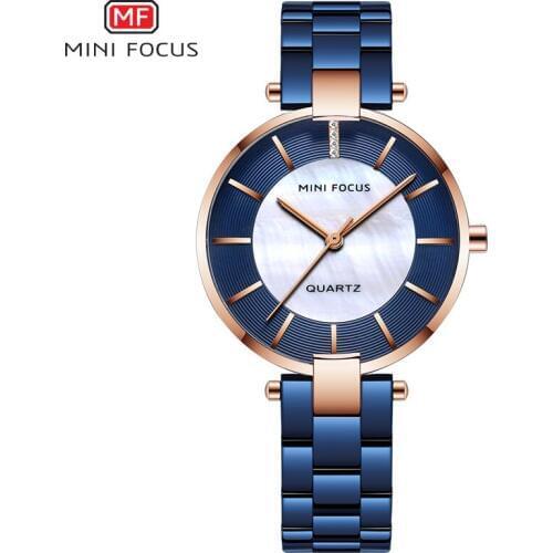 MINI FOCUS Blue Strap Quartz Watches for Women Analogue Waterproof Stainless Steel Luxury Wristwatch for Lady Woman 0244L.04