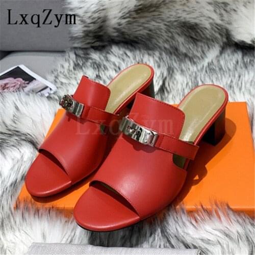 Real Leather Mid Heels 5CM Slippers Band Women Slides Square Toe 2021 New Shoes Ladies Summer Men Sandals Fish Mouth Size 35-44
