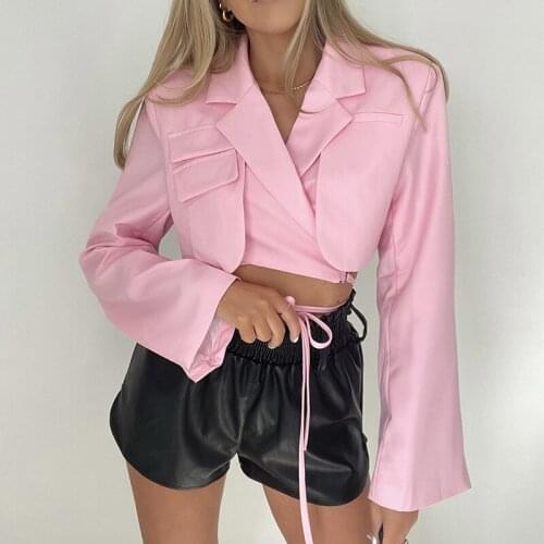 2021 New Style Women Fashion Slim Suit Jacket Solid Color Tailored Collar Long Sleeves Bandage Short Coat for Ladies