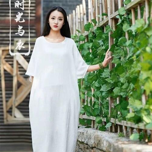 Women Autumn Vintage Casual O Neck Half Sleeve Cotton Linen Dress Loose Soft Home Dress WIth Pocket Free Size Dresses