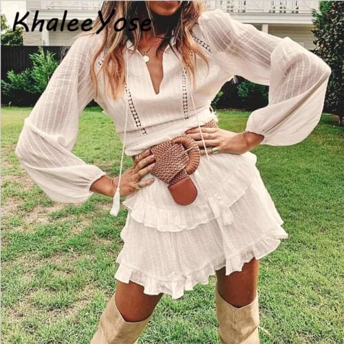 KHALEE YOSE Boho Chic Mini Dress Autumn 2020 Women Party Dresses Hollow Out Tassel Dress Backless Sexy Long Sleeve Tiered Dress