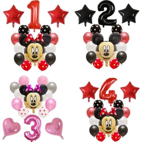 14pcs Happy Birthday Decoration Latex Balloon Mickey Minnie Heart Mouse Foil Ballon Baby Shower Number Balloon Kids Air Globos