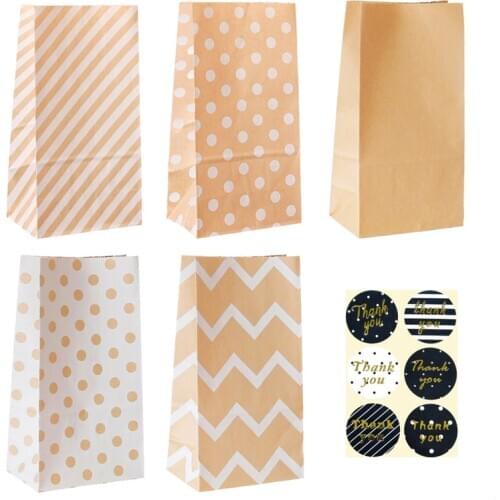 5sets Kraft Paper Bags Retro Dot Stripe Blank Stand Up Gift Bags Wedding Party Favor Packaging Bag with Thank You Stickers