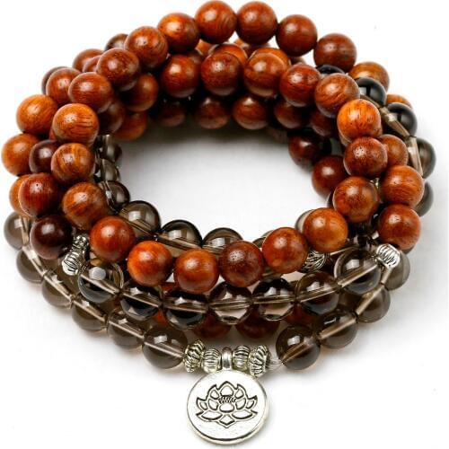 Natural Smoky Crystal With Wood Beaded Bracelet Women Men 108 Mala Beads Buddha Charm Strand Bracelet Necklace Yoga Gift