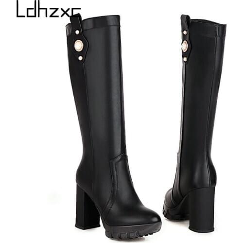 LDHZXC Brand Women Boots 10.5cm High Heel Knee High Boots Black Leather Round Toe Autumn Winter Long Boots Black