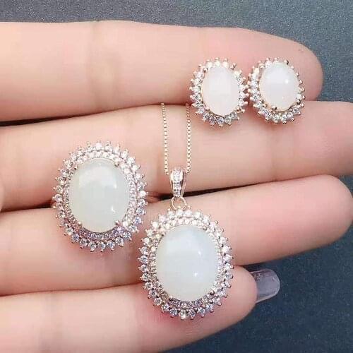 Boutique Hotan white jade S925 sterling silver earrings rings pendants Necklace Set luxurious and elegant