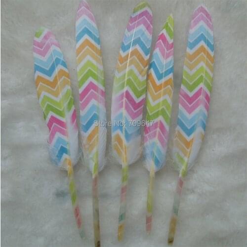 Colorful Wave Stripe Print White Duck Cochettes Feathers,Print Duck Feathers Loose for Millinery,Crafts,Wedding,10-15cm 50Pcs