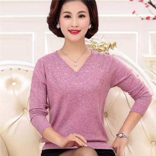 Knitting long sleeve V-Neck Diamonds printing Pullovers sweater Women Fashion elegant big Size sexy Slim tops Mom spring clothes