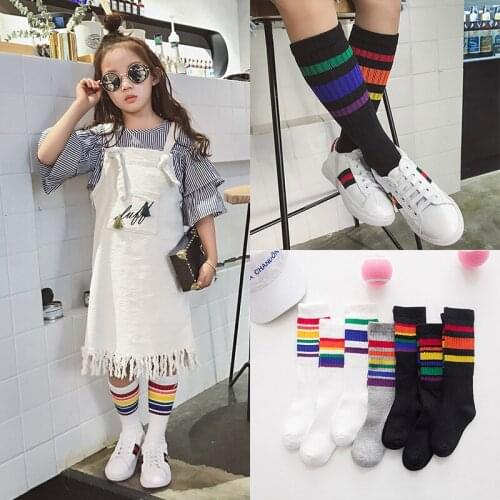 Toddler Knee Socks Children Girl and Boy Football Socks Striped Colored Rainbow Knee Socks Cotton School White Long Sock