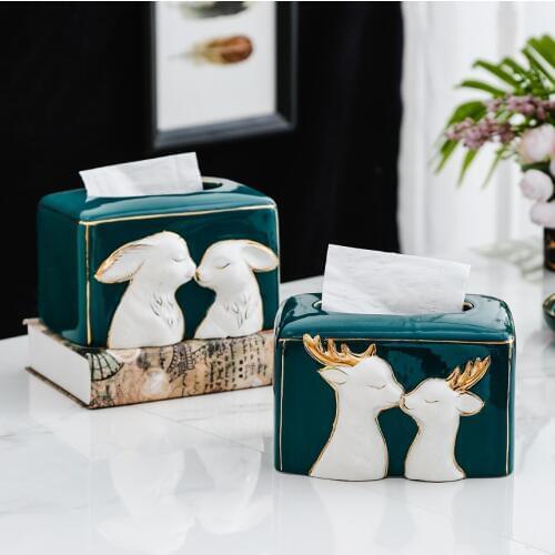 Classic luxury agate green living room ceramic tissue box Cute couple deer rabbit cat decorative tissue boxs Warm idea