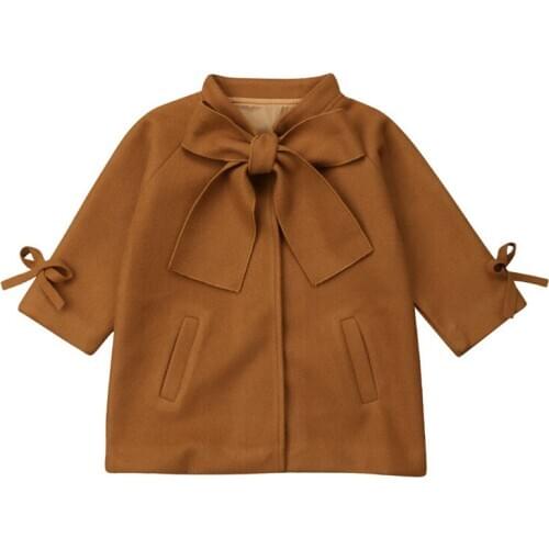 2020 Fashion Infant Kids Baby Girls Coat 2-8Y Winter Wool Coat Bow Long Sleeve Brown Slim Warm Outwear Princess Formal Jacket